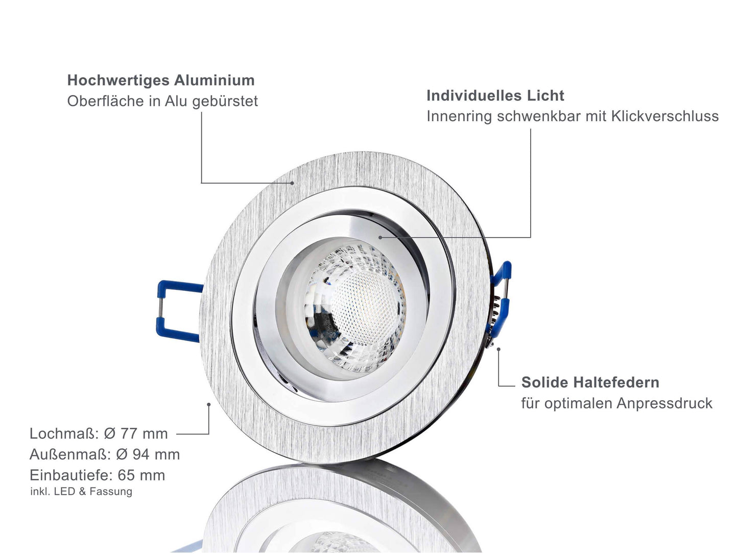 LED Einbaustrahler 230V - Alu gebürstet Rund 5W GU10 LED - Designo
