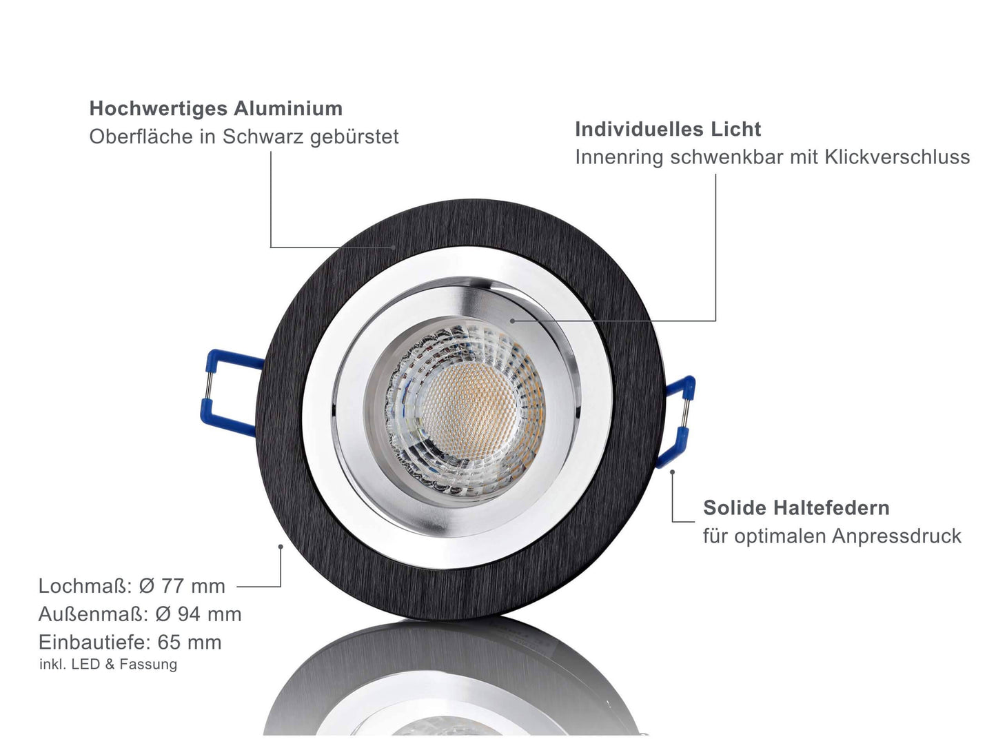 LED Einbaustrahler 230V - Alu gebürstet Schwarz Rund 5W GU10 LED - Designo