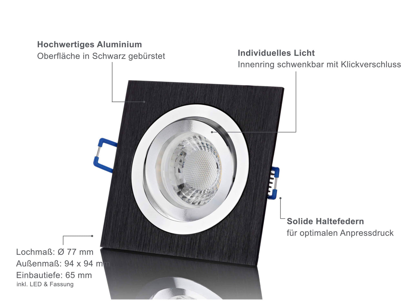 LED Einbaustrahler 230V - Alu gebürstet Schwarz Eckig 5W GU10 LED - Designo