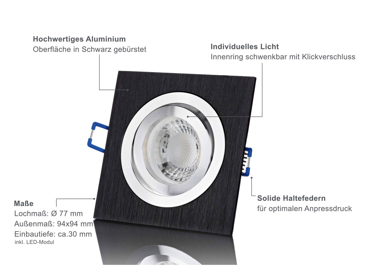 LED Einbaustrahler Flach - Schwarz gebürstet Eckig 5W LED Dimmbar - Designo