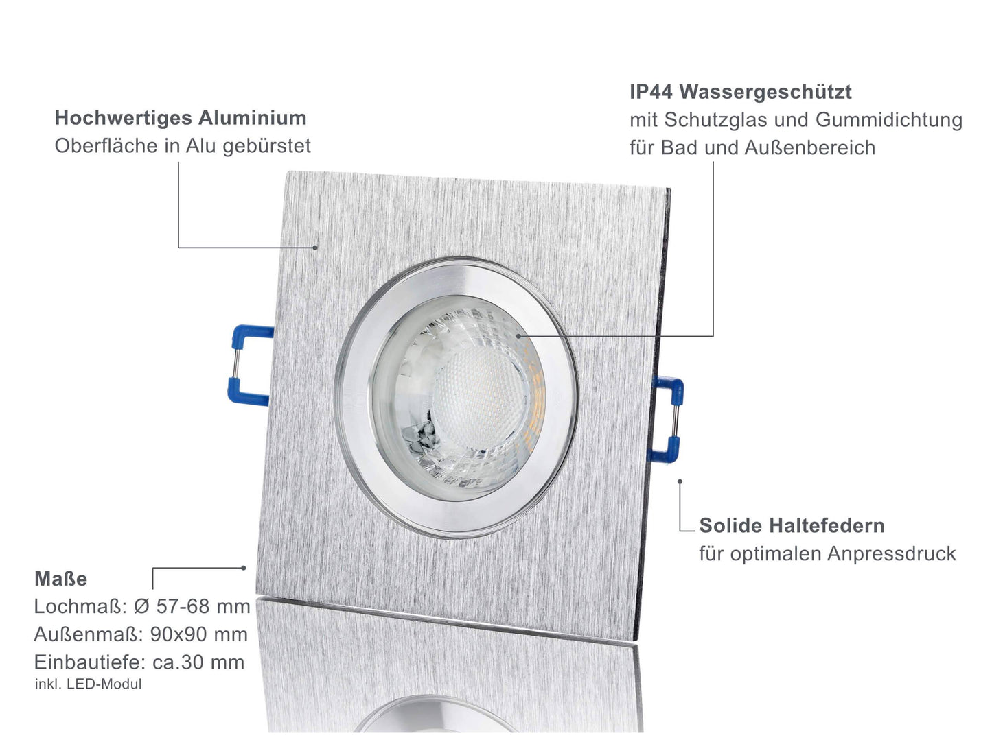LED Einbaustrahler Flach IP44 - Alu gebürstet Eckig 5W LED Dimmbar - Banja