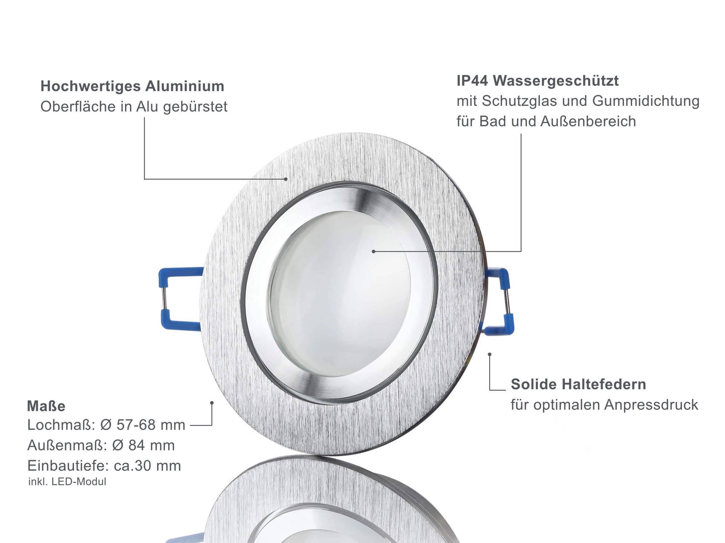 LED Einbaustrahler Flach IP44 - Alu gebürstet Rund 5W Dimmbar 120° - Banja