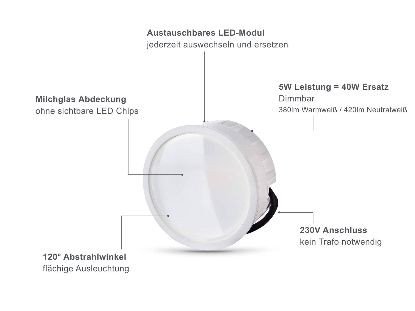LED Einbaustrahler Flach IP44 - Alu Feinschliff Rund 5W Dimmbar 120° - Agua