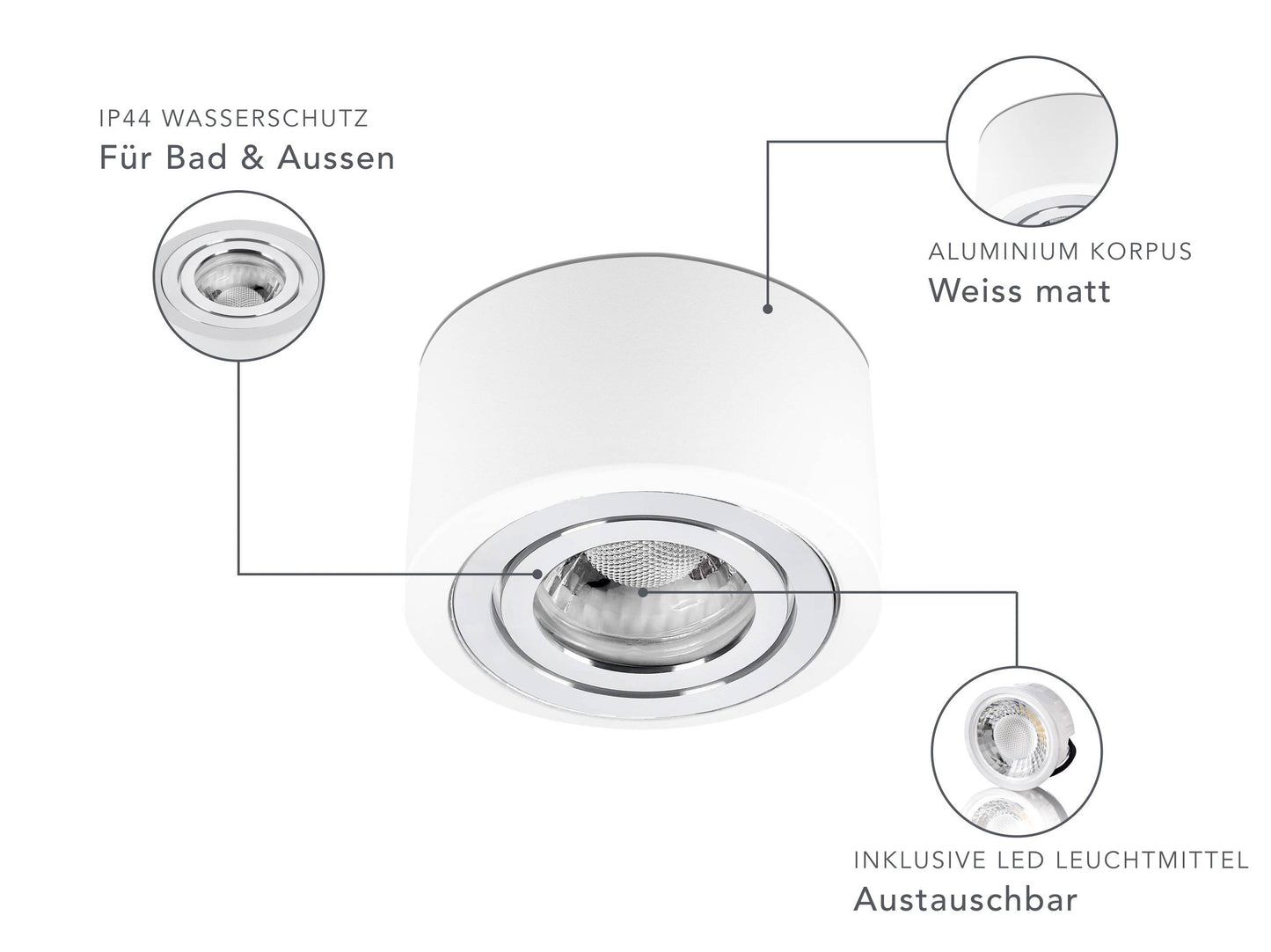 LED Aufbaustrahler IP44 Flach - Weiß mit Chromring 230V 5W Dimmbar - Tablo
