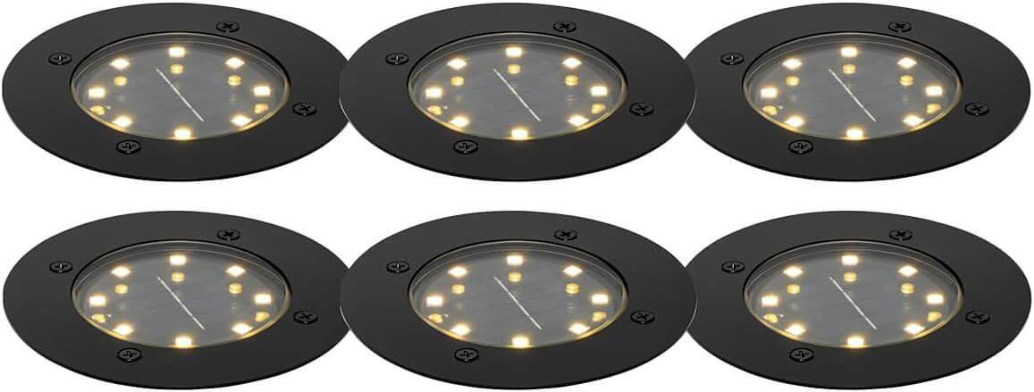 6er Set Solar LED Bodeneinbaustrahler IP65 für außen in Schwarz Ø12cm
