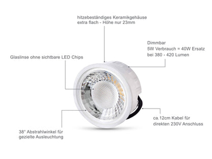 LED Einbaustrahler Flach IP65 - Weiß Rund 5W Dimmbar - Fora