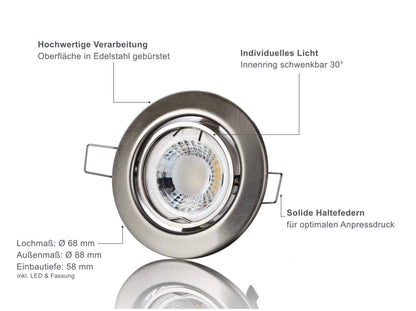 LED Einbaustrahler 230V - Edelstahl gebürstet Rund 5W GU10 LED - Classico