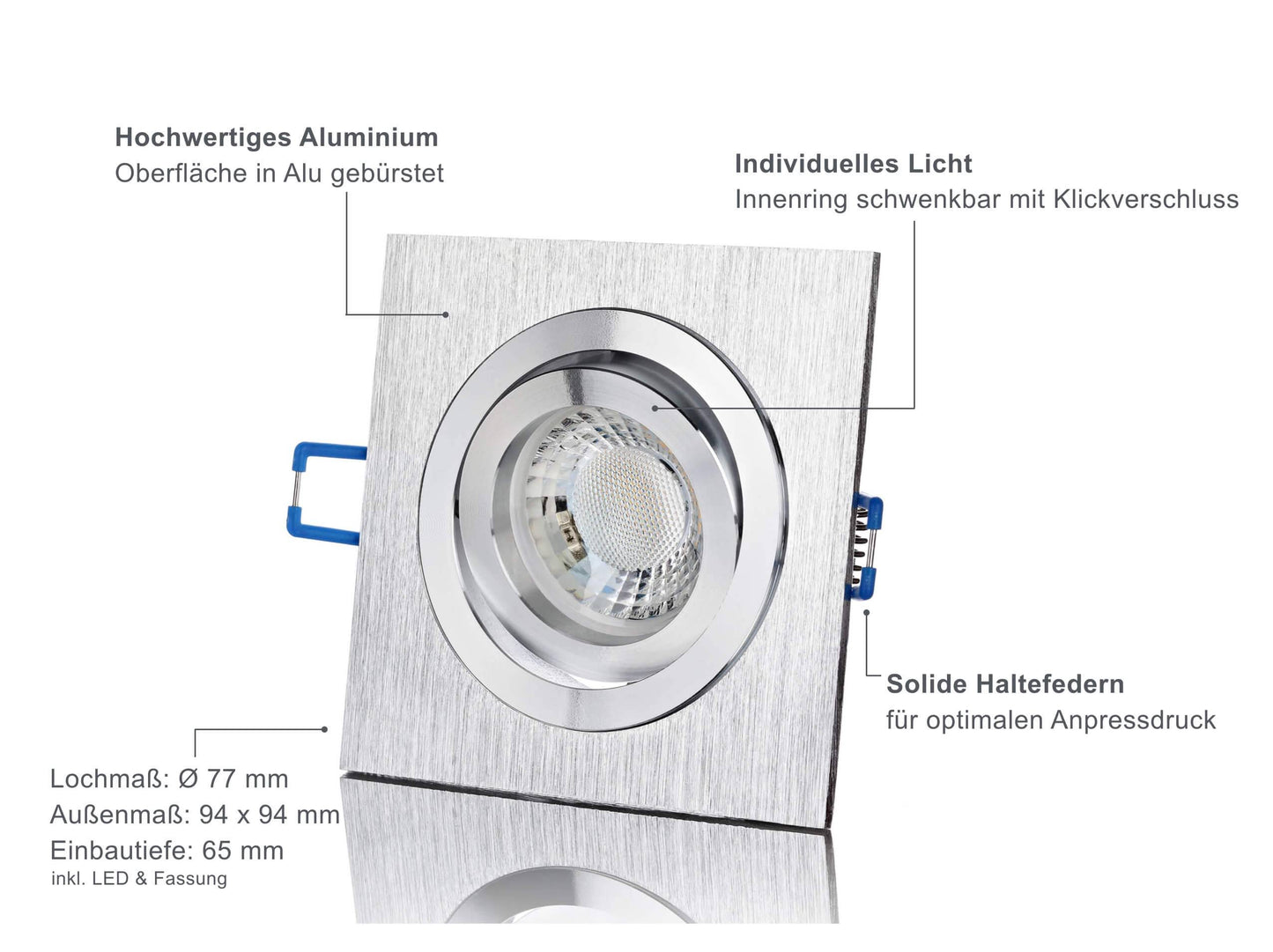 LED Einbaustrahler 230V - Alu gebürstet Eckig 5W GU10 LED - Designo