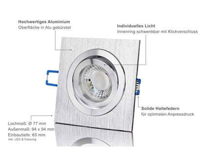 LED Einbaustrahler 230V - Alu gebürstet Eckig 5W GU10 LED - Designo