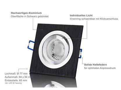 LED Einbaustrahler 230V - Alu gebürstet Schwarz Eckig 5W GU10 LED - Designo
