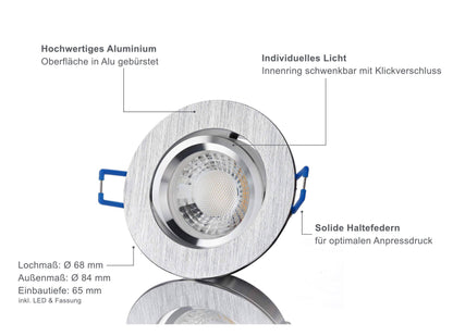 LED Einbaustrahler 230V - Alu gebürstet Rund 5W GU10 LED - Esigno