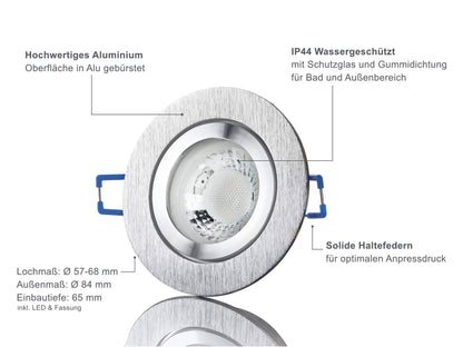 LED Einbaustrahler IP44 - Alu gebürstet Rund 5W GU10 LED - Banja