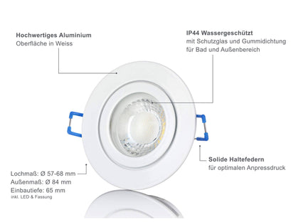 LED Einbaustrahler IP44 - Weiß Rund 5W GU10 LED - Agua