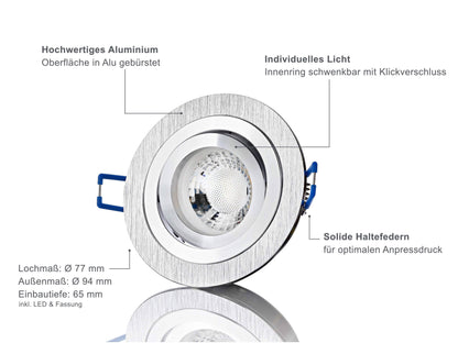 LED Einbaustrahler Dimmbar - Alu gebürstet Rund 5W GU10 LED - Designo