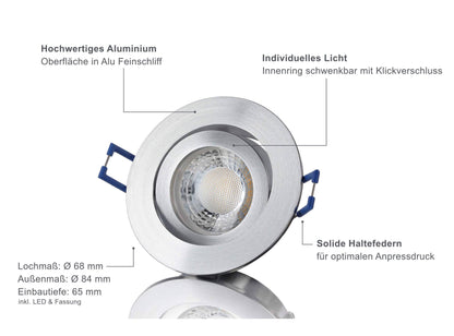 LED Einbaustrahler Dimmbar - Alu Feinschliff Rund 5W GU10 LED - Rapid