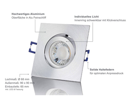 LED Einbaustrahler Dimmbar - Alu Feinschliff Eckig 5W GU10 LED - Rapid
