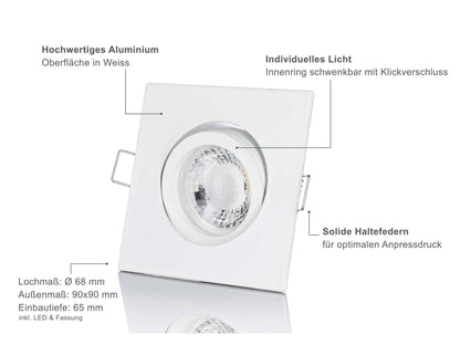 LED Einbaustrahler Dimmbar - Weiß Eckig 5W GU10 LED - Rapid
