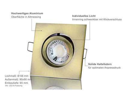 LED Einbaustrahler Dimmbar - Altmessing Eckig 5W GU10 LED - Rapid