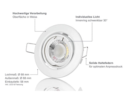 LED Einbaustrahler Dimmbar - Weiß Rund 5W GU10 LED - Classico