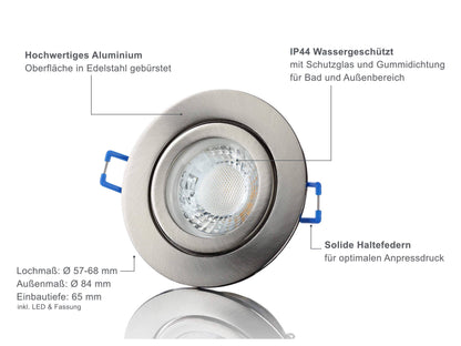 LED Einbaustrahler IP44 Dimmbar - Edelstahl gebürstet Rund 5W GU10 LED - Agua