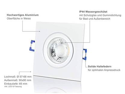 LED Einbaustrahler IP44 Dimmbar - Weiß Eckig 5W GU10 LED - Agua