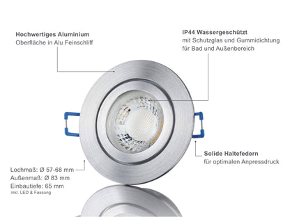 LED Einbaustrahler IP44 Dimmbar - Alu Feinschliff Rund 5W GU10 LED - Agua