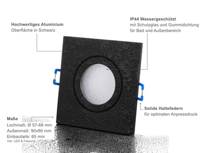 LED Einbaustrahler IP44 Dimmbar - Schwarz Eckig 5W GU10 LED - Agua