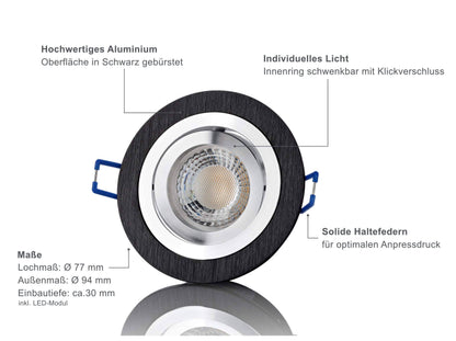 LED Einbaustrahler Flach - Schwarz gebürstet Rund 5W LED Dimmbar - Designo