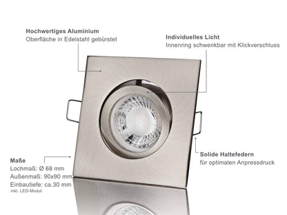 LED Einbaustrahler Flach - Edelstahl gebürstet Eckig 5W LED Dimmbar - Rapid