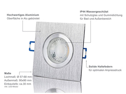 LED Einbaustrahler Flach IP44 - Alu gebürstet Eckig 5W LED Dimmbar - Banja