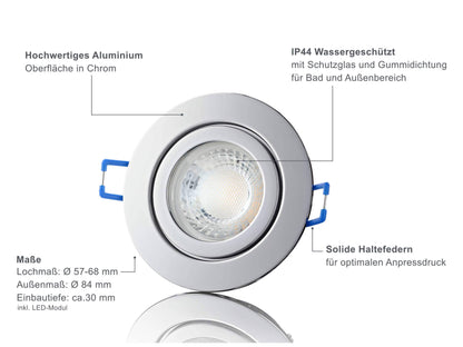LED Einbaustrahler Flach IP44 - Chrom Rund 5W LED Dimmbar - Agua
