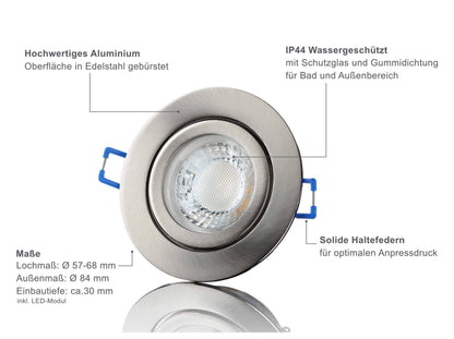 LED Einbaustrahler Flach IP44 - Edelstahl gebürstet Rund 5W LED Dimmbar - Agua