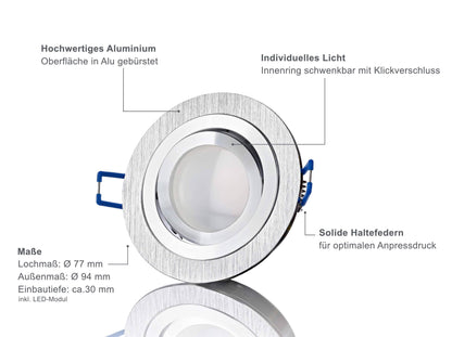 LED Einbaustrahler Flach - Alu gebürstet Rund 5W Dimmbar 120° - Designo