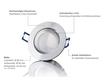 LED Einbaustrahler Flach - Alu Feinschliff Rund 5W Dimmbar 120° - Rapid
