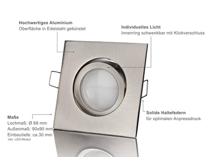 LED Einbaustrahler Flach - Edelstahl gebürstet Eckig 5W Dimmbar 120° - Rapid
