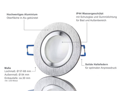 LED Einbaustrahler Flach IP44 - Alu gebürstet Rund 5W Dimmbar 120° - Banja