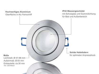 LED Einbaustrahler Flach IP44 - Alu Feinschliff Rund 5W Dimmbar 120° - Agua