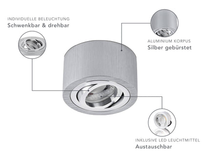 LED Aufbaustrahler Flach - Alu gebürstet Rund 230V 5W Dimmbar 120° - Tablo