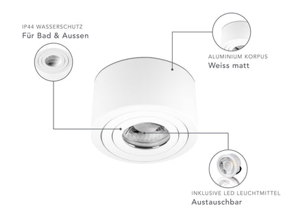 LED Aufbaustrahler IP44 Flach in Weiß Rund 230V 5W Dimmbar - Tablo