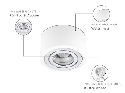 LED Aufbaustrahler IP44 Flach - Weiß mit Chromring 230V 5W Dimmbar - Tablo
