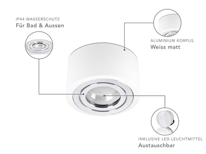 LED Aufbaustrahler IP44 Flach - Weiß mit Chromring 230V 5W Dimmbar 120° - Tablo