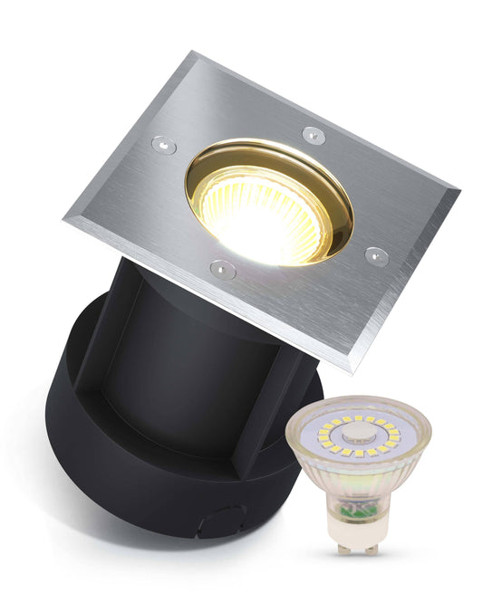 LED Bodeneinbaustrahler IP67 - Edelstahl gebürstet eckig mit GU10 3W 230V