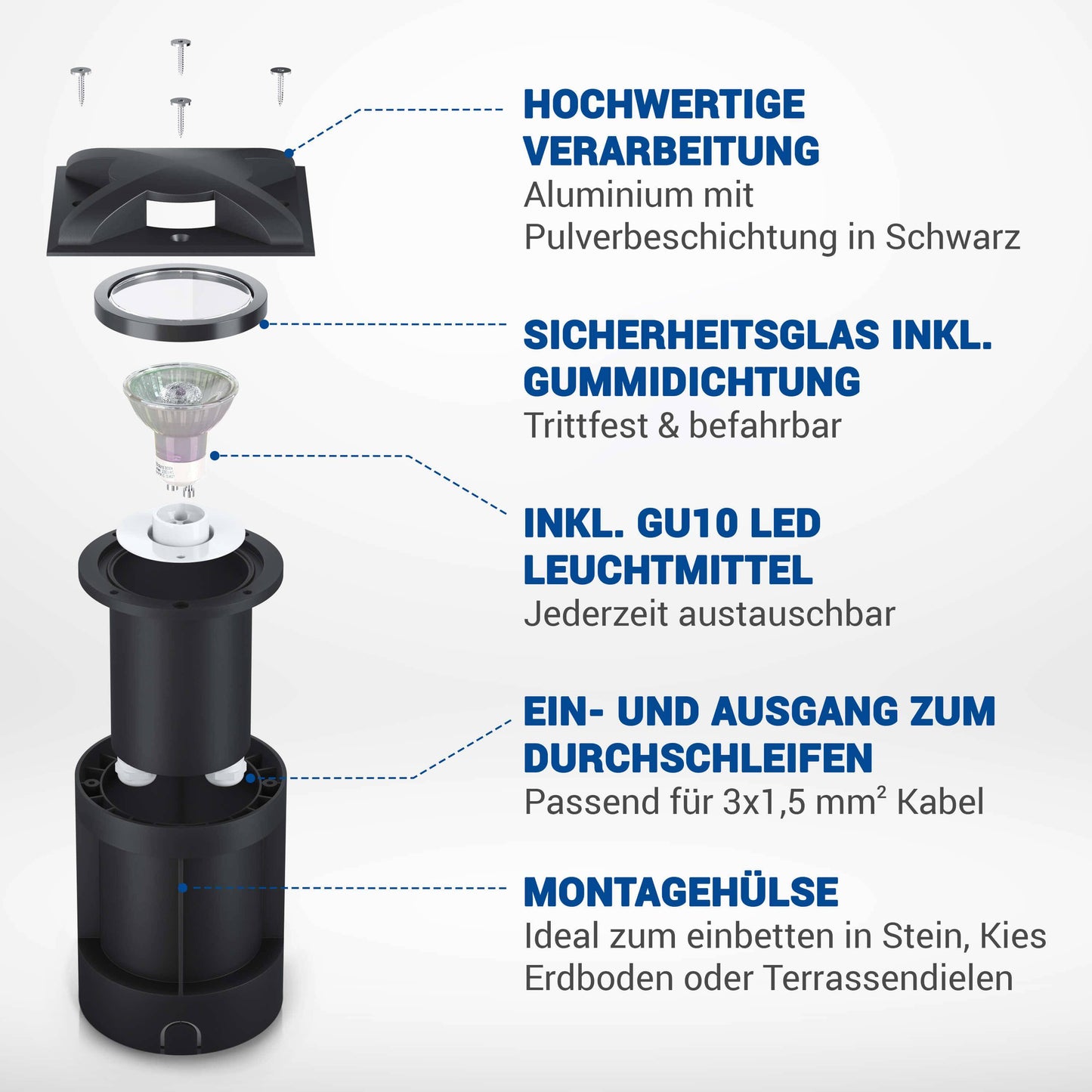 LED Bodenleuchte für außen - quadratisch Schwarz 3-flammig inkl. 5W GU10 230V