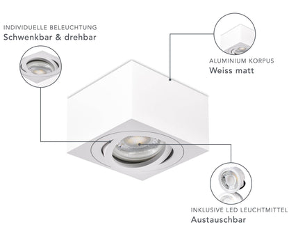 LED Aufbaustrahler Flach - Weiß Eckig 230V 5W Dimmbar - Tablo