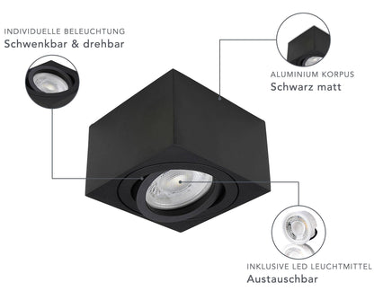 LED Aufbaustrahler Flach - Schwarz Eckig 230V 5W Dimmbar - Tablo