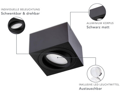 LED Aufbaustrahler Flach - Schwarz Eckig 230V 5W Dimmbar 120° - Tablo