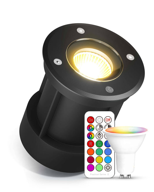 LED Bodenstrahler IP67 Schwarz rund mit RGB+CCT Farbwechsel 5W GU10