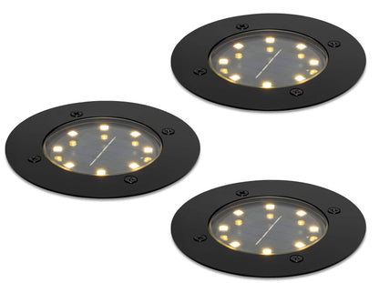 3er Set Solar LED Bodeneinbaustrahler IP65 für außen in Schwarz Ø12cm