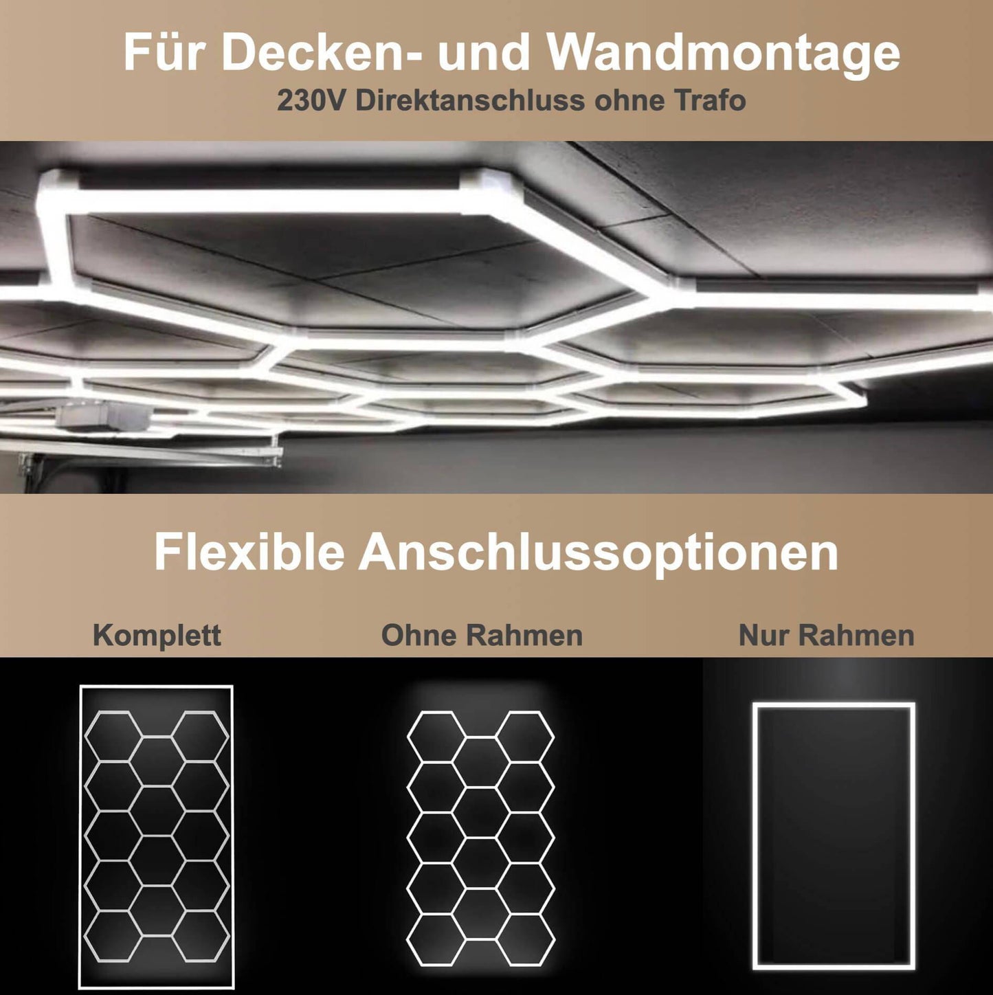 Hexagon LED-Deckenleuchte 14er Set mit LED Rahmen