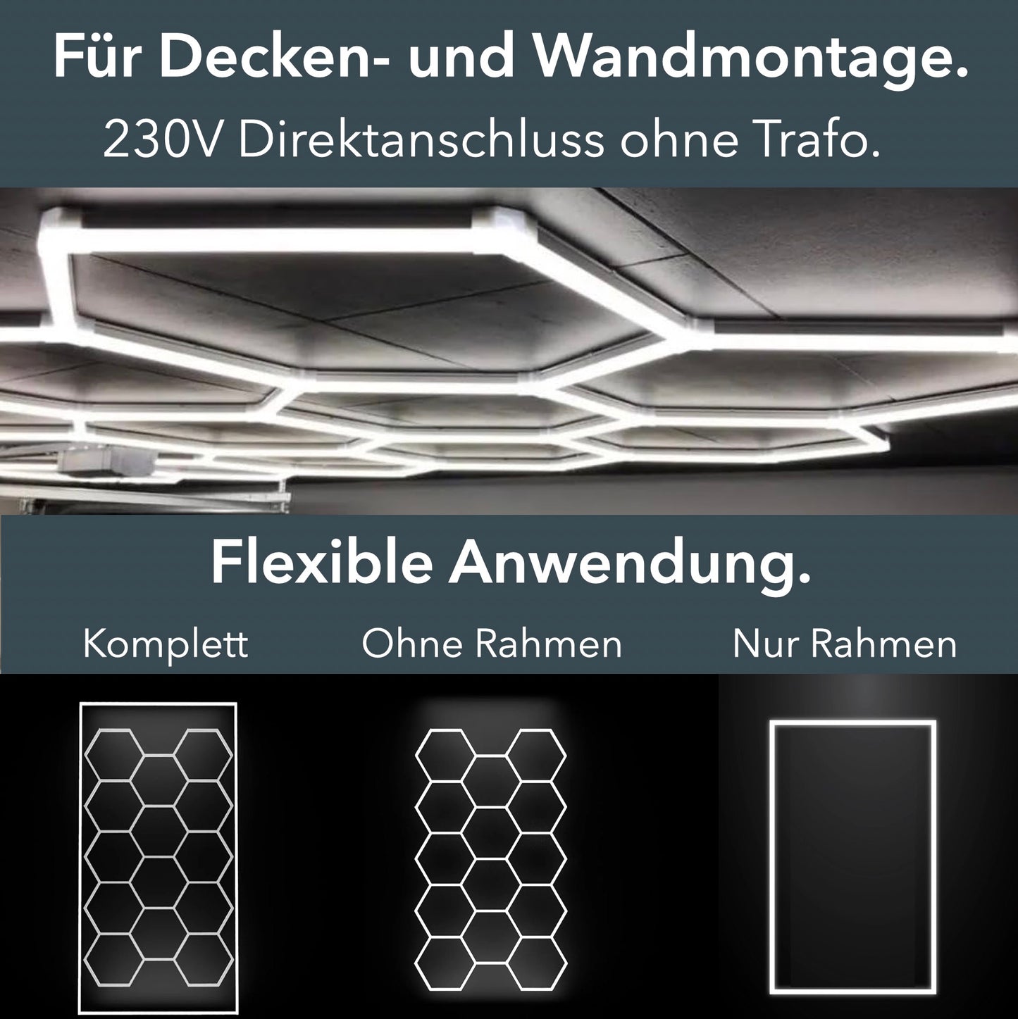 Hexagon LED-Deckenleuchte 14er Set mit LED Rahmen